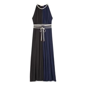 Tory Burch Black and Navy Halter Maxi Dress with White Trim